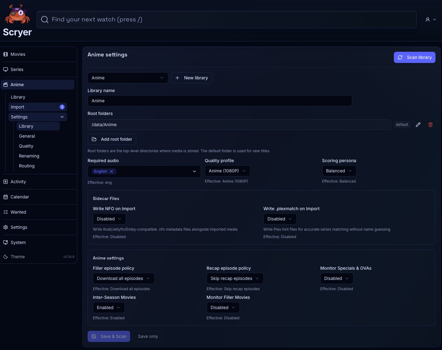 Screenshot of the Anime Library settings page in Scryer