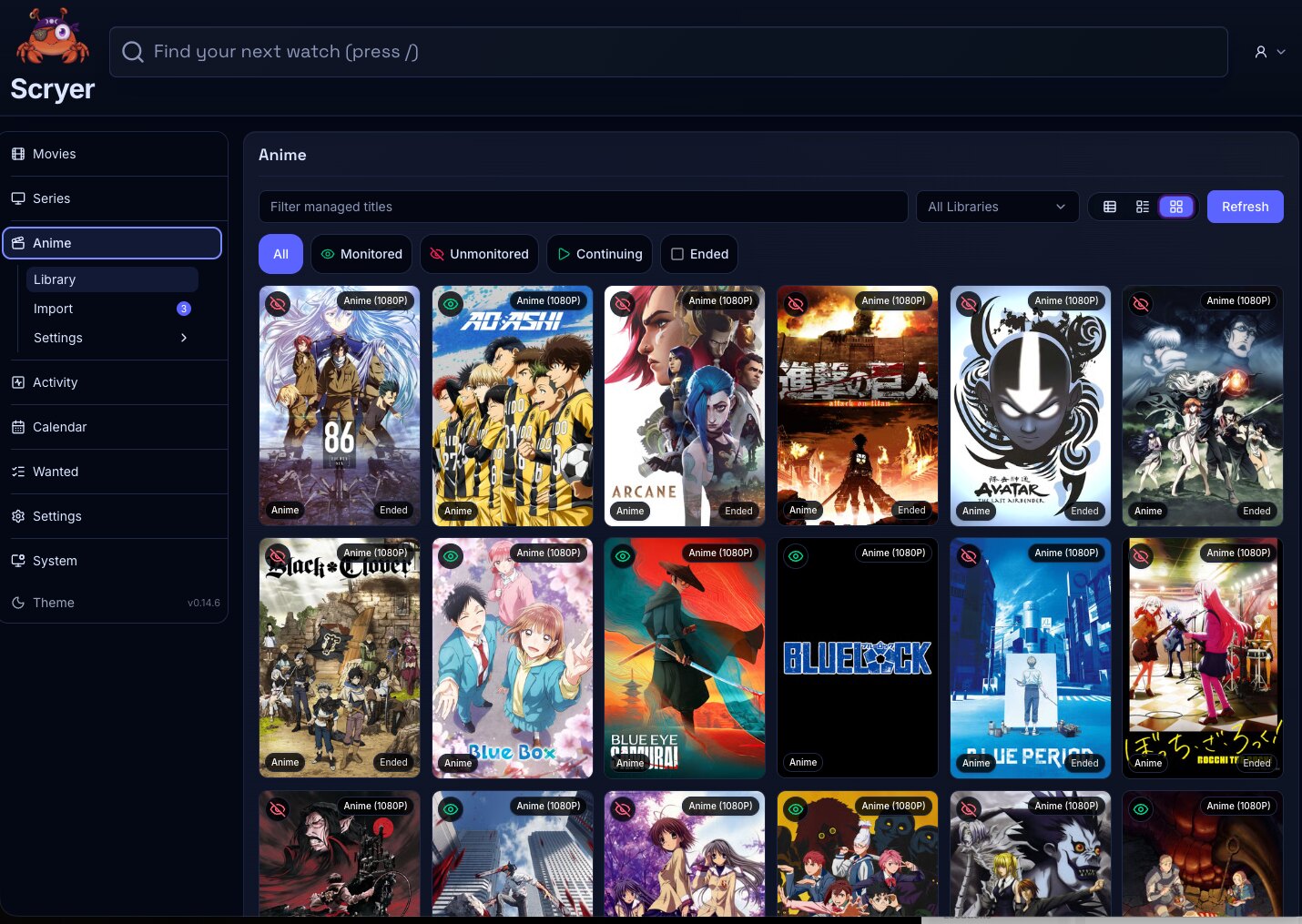 Screenshot of the Anime library view showing anime titles