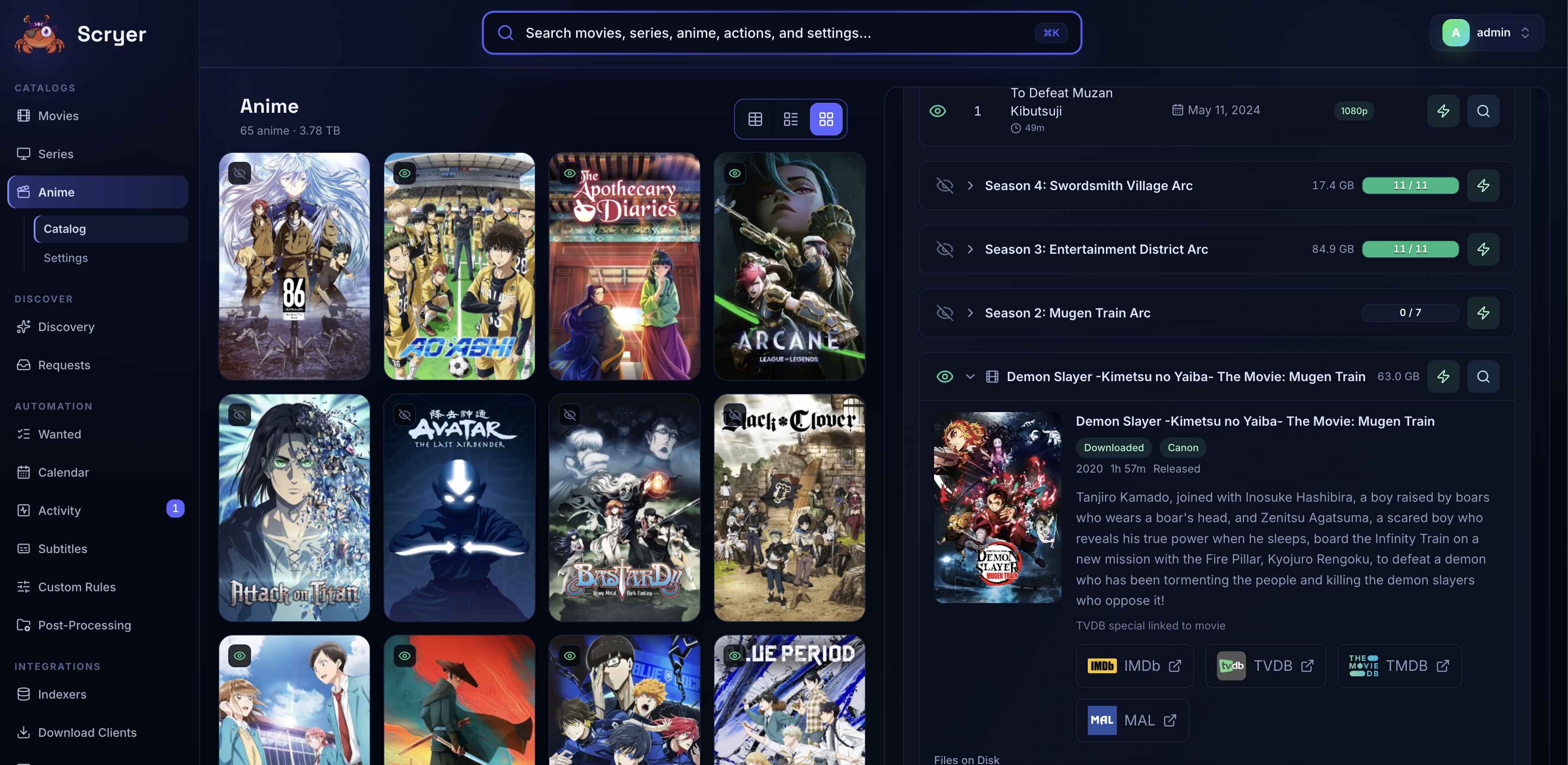 Screenshot of an anime title detail page in Scryer