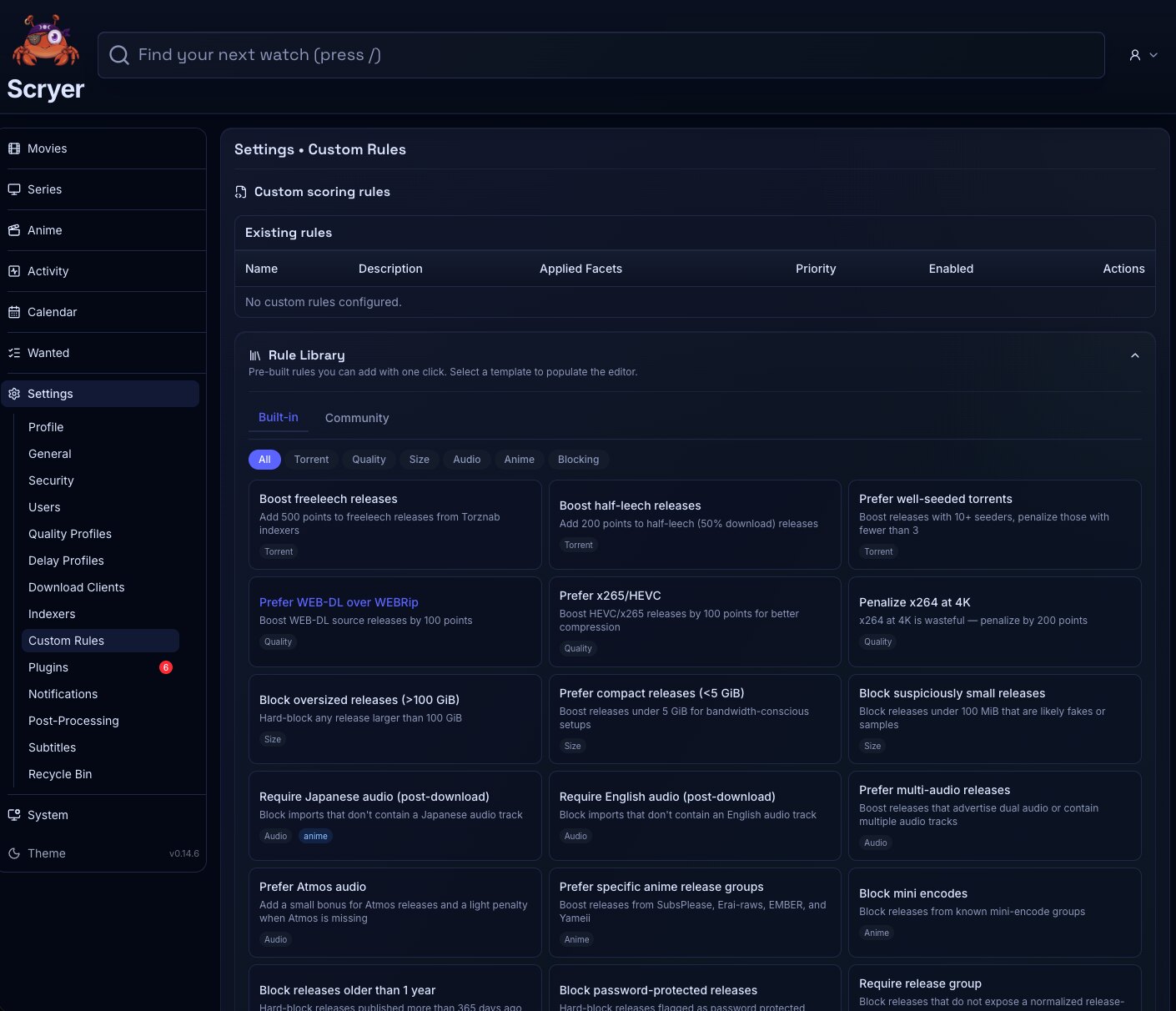Screenshot of the Rules settings page in Scryer showing configured routing rules
