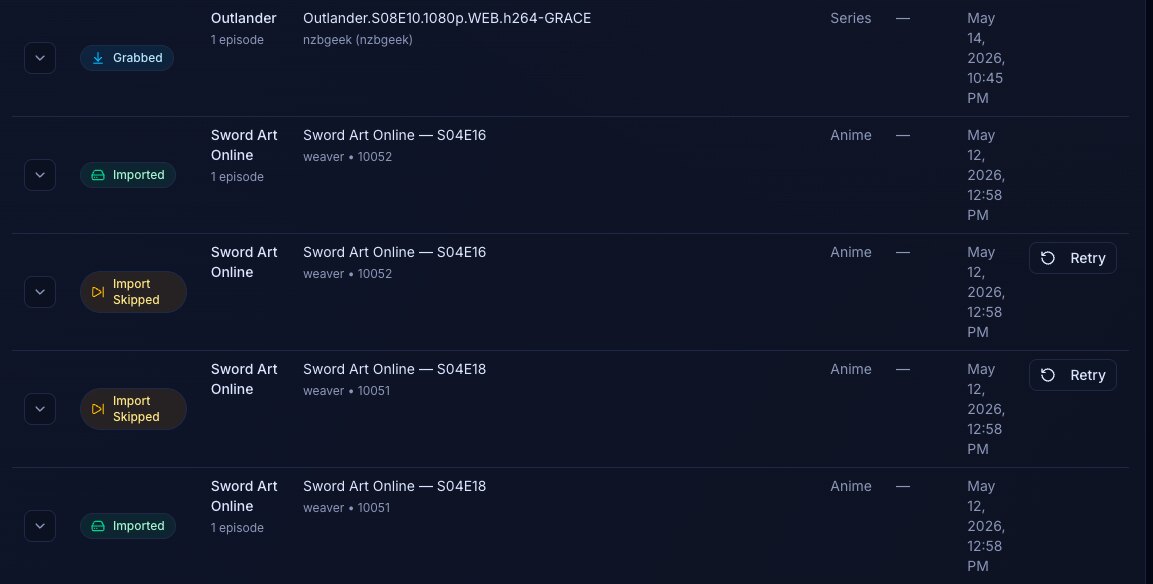 Screenshot of the Activity History page in Scryer showing operational event records