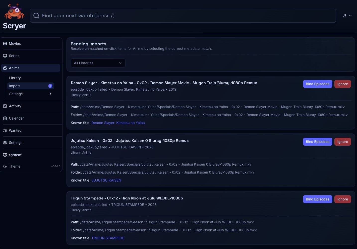 Screenshot of the Scryer import queue showing items awaiting operator review
