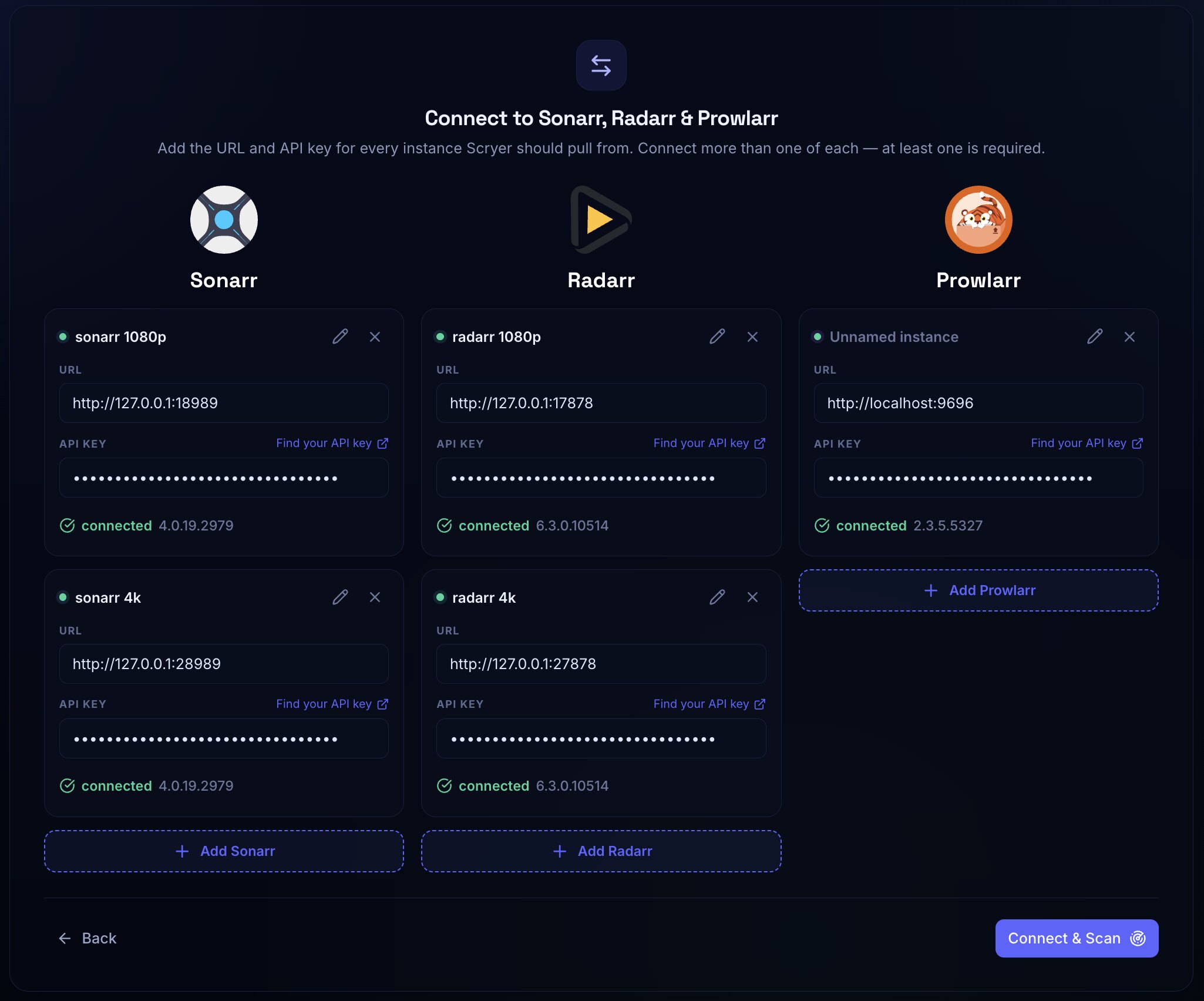Migration wizard with two connected Sonarr instances and two connected Radarr instances