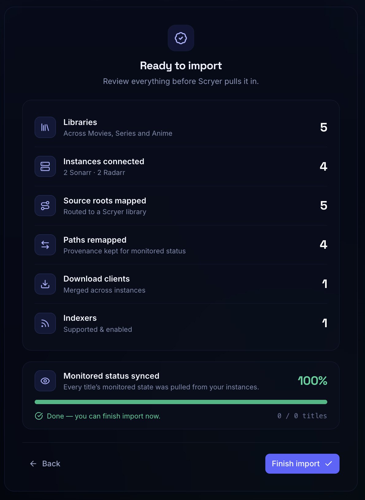 Ready to import summary showing libraries, connected instances, mapped source roots, remapped paths, download clients, indexers, and monitored status