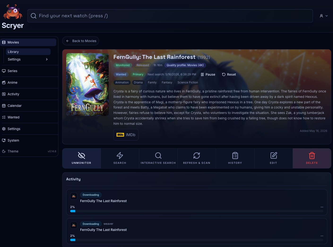 Screenshot of an active movie download in the Scryer Movies library