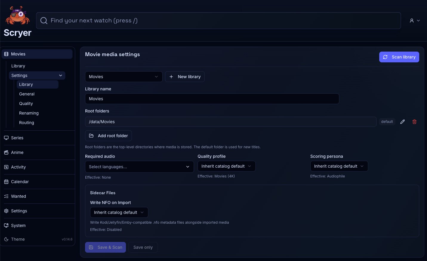 Screenshot of the Movie Library settings page in Scryer