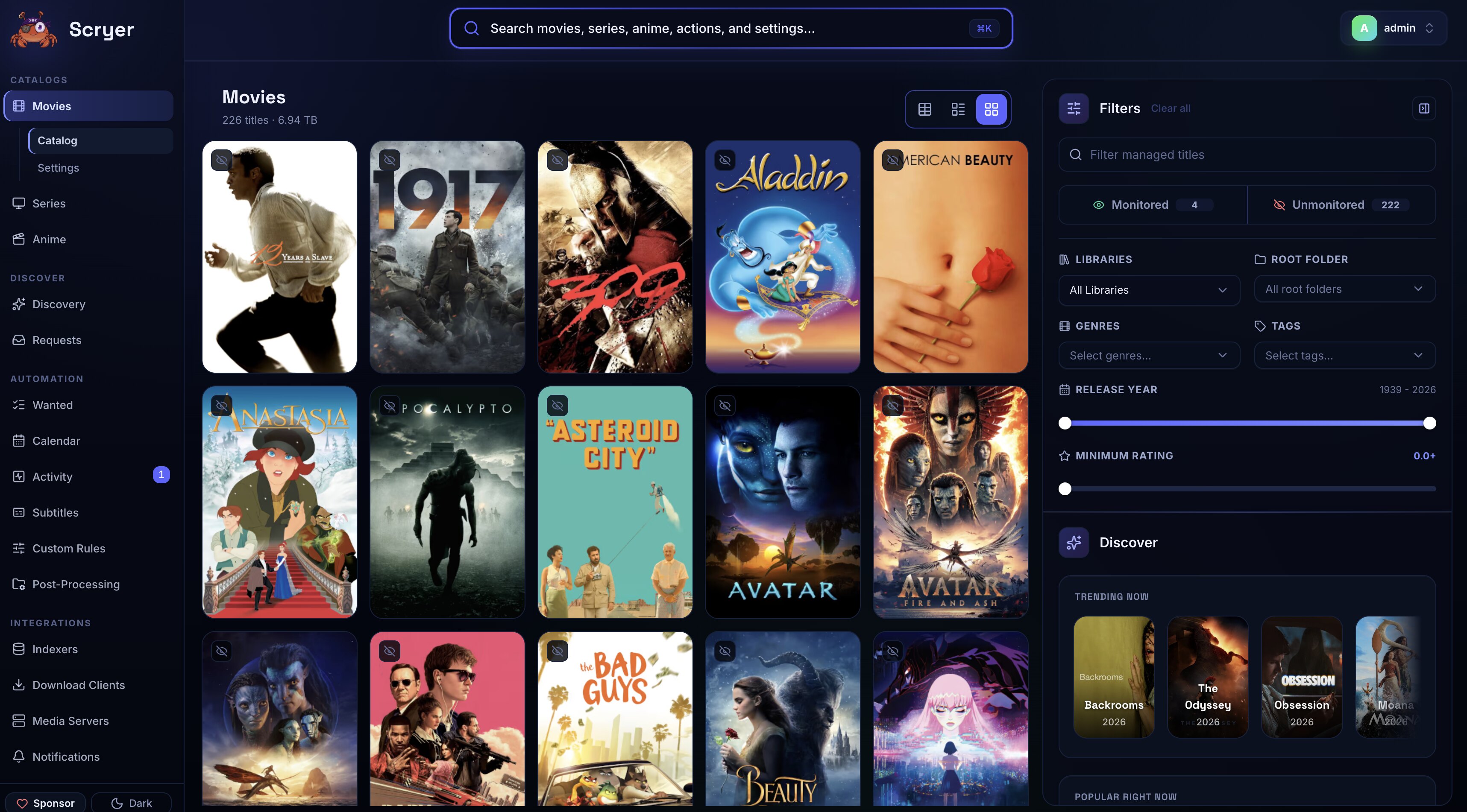 Screenshot of the Movies library grid view showing movie titles