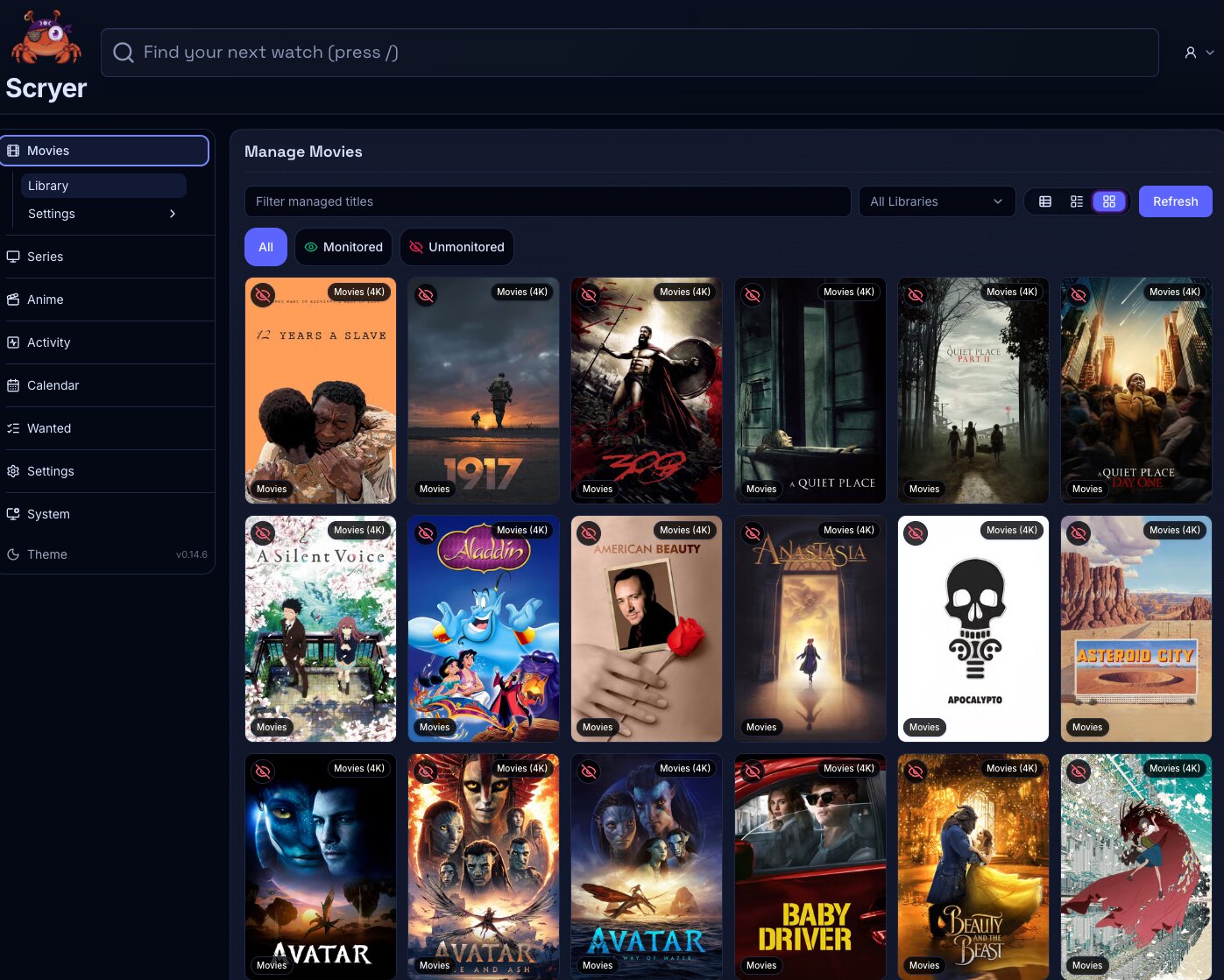 Screenshot of the Movies Library in Scryer showing tracked movie titles