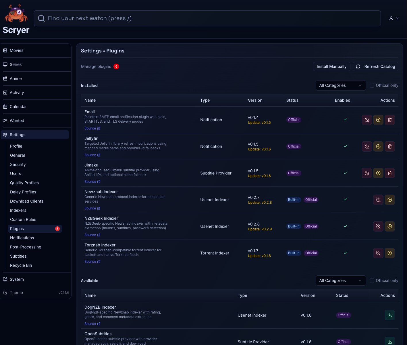 Screenshot of the Scryer Plugins page showing installed and available plugins
