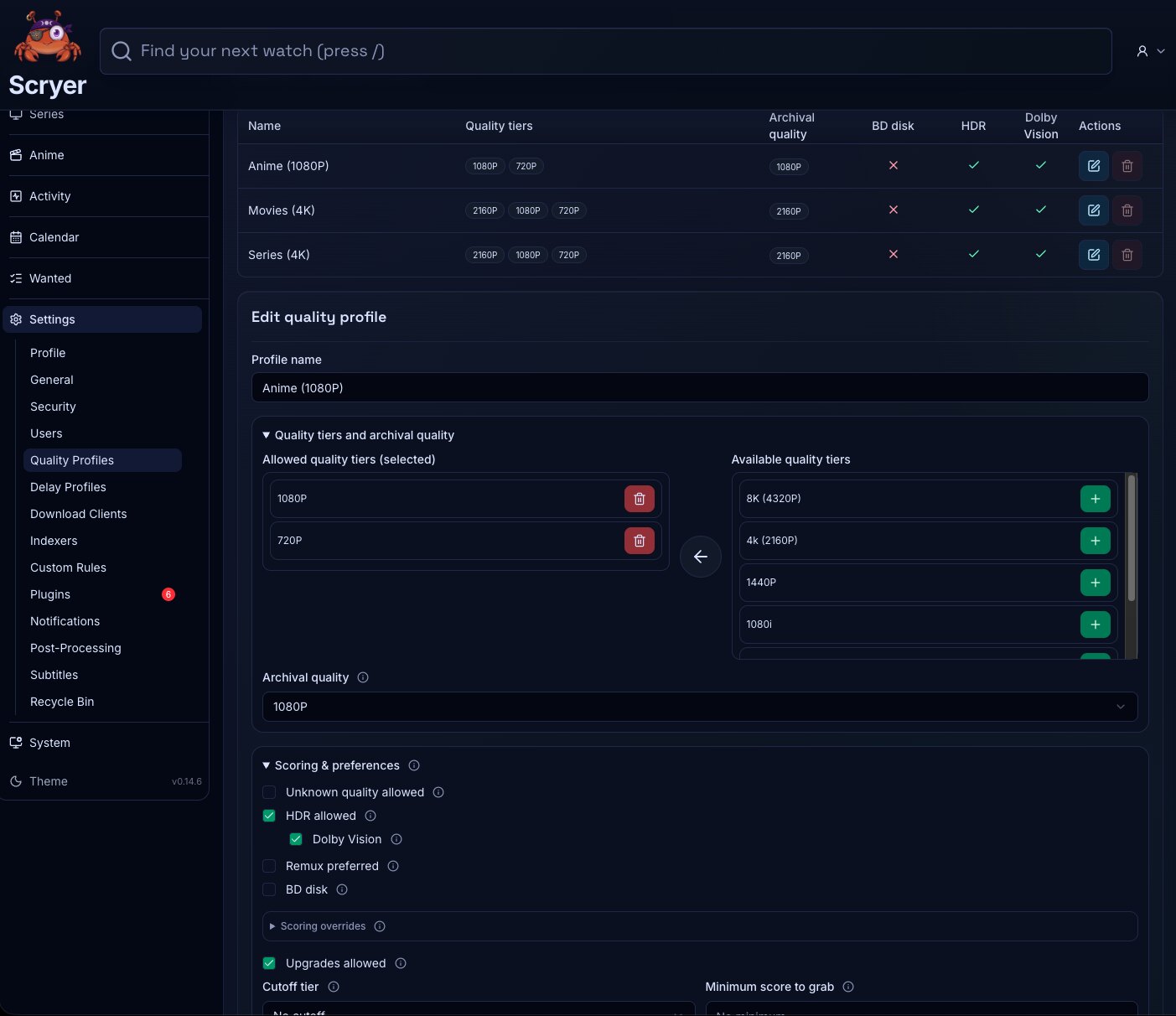Screenshot of the Quality Profiles settings page showing profile configuration