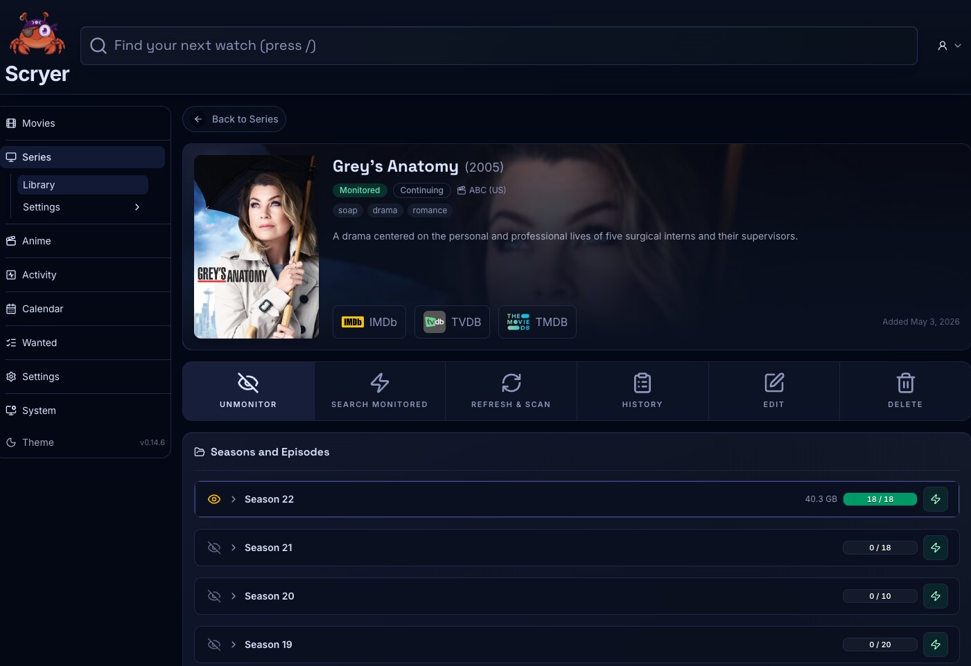 Screenshot of the Series Library in Scryer showing an active series download