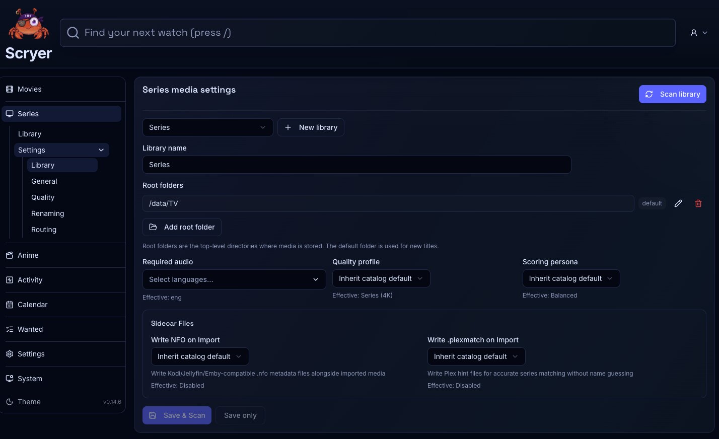Screenshot of the Series Library settings page in Scryer