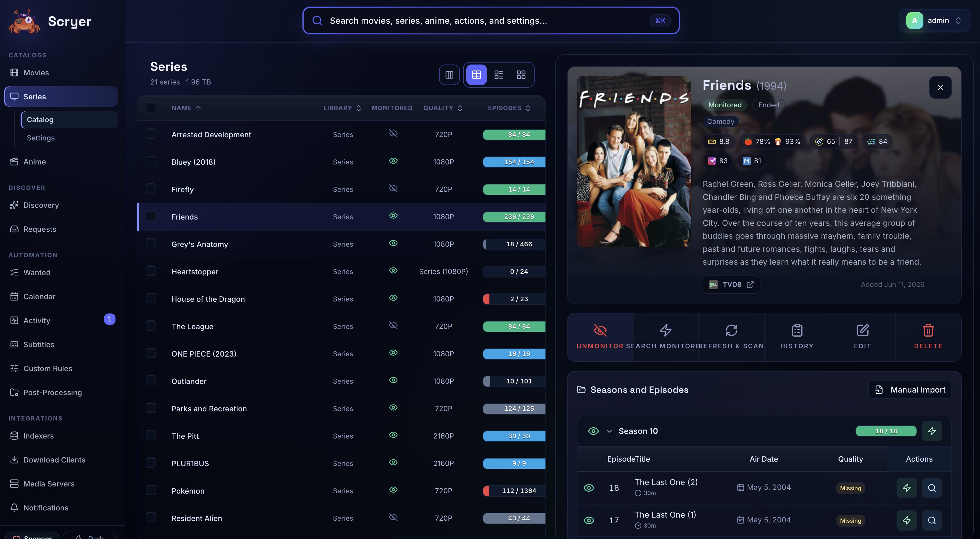 Screenshot of the Series library view showing series titles