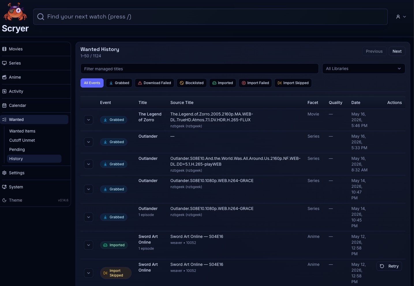 Screenshot of the Wanted History page showing title-centric wanted state changes