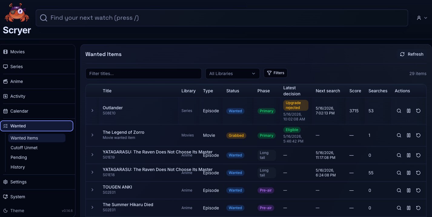 Screenshot of the Wanted Items page in Scryer showing monitored titles missing from the library