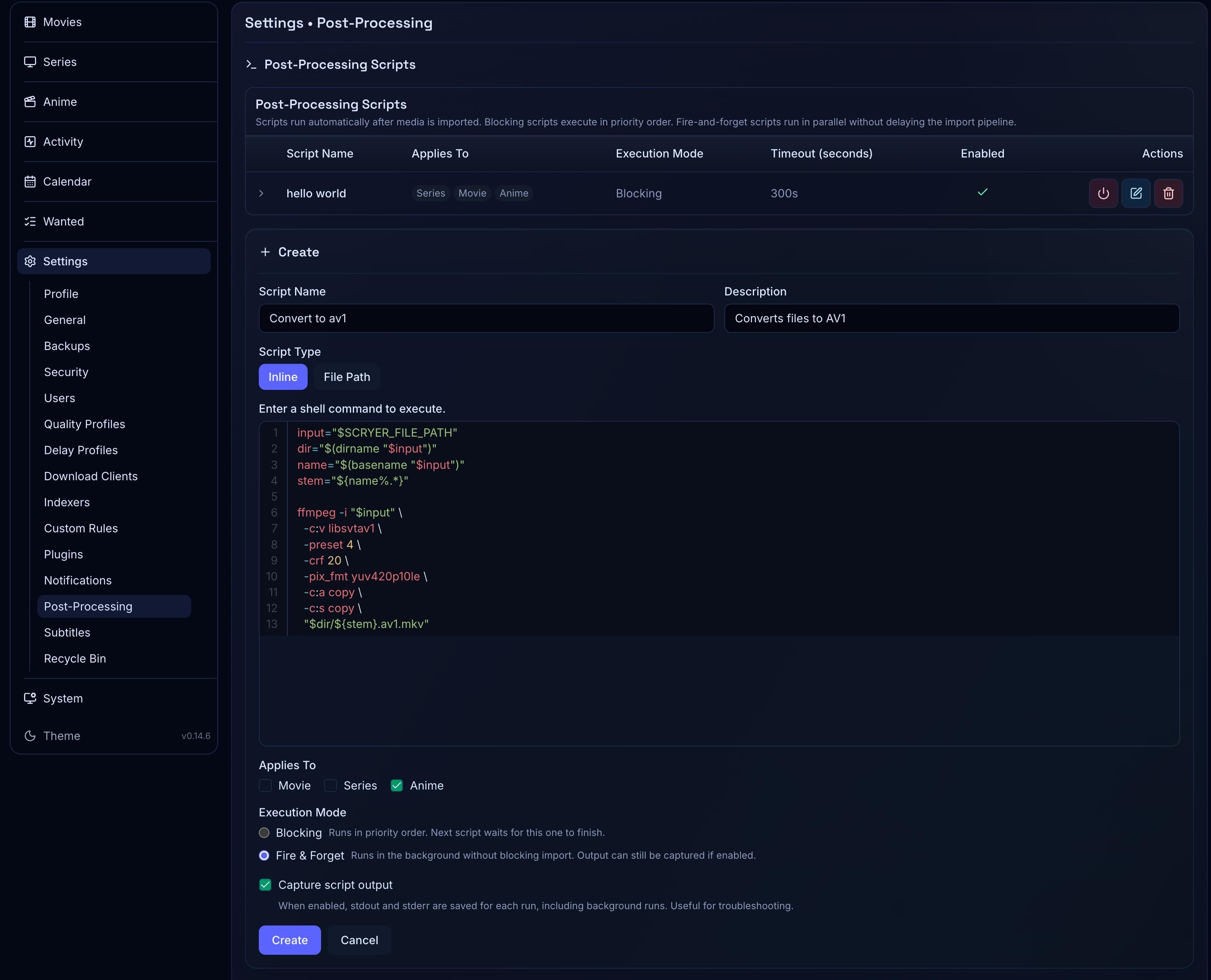 Screenshot of the Post-processing settings page in Scryer