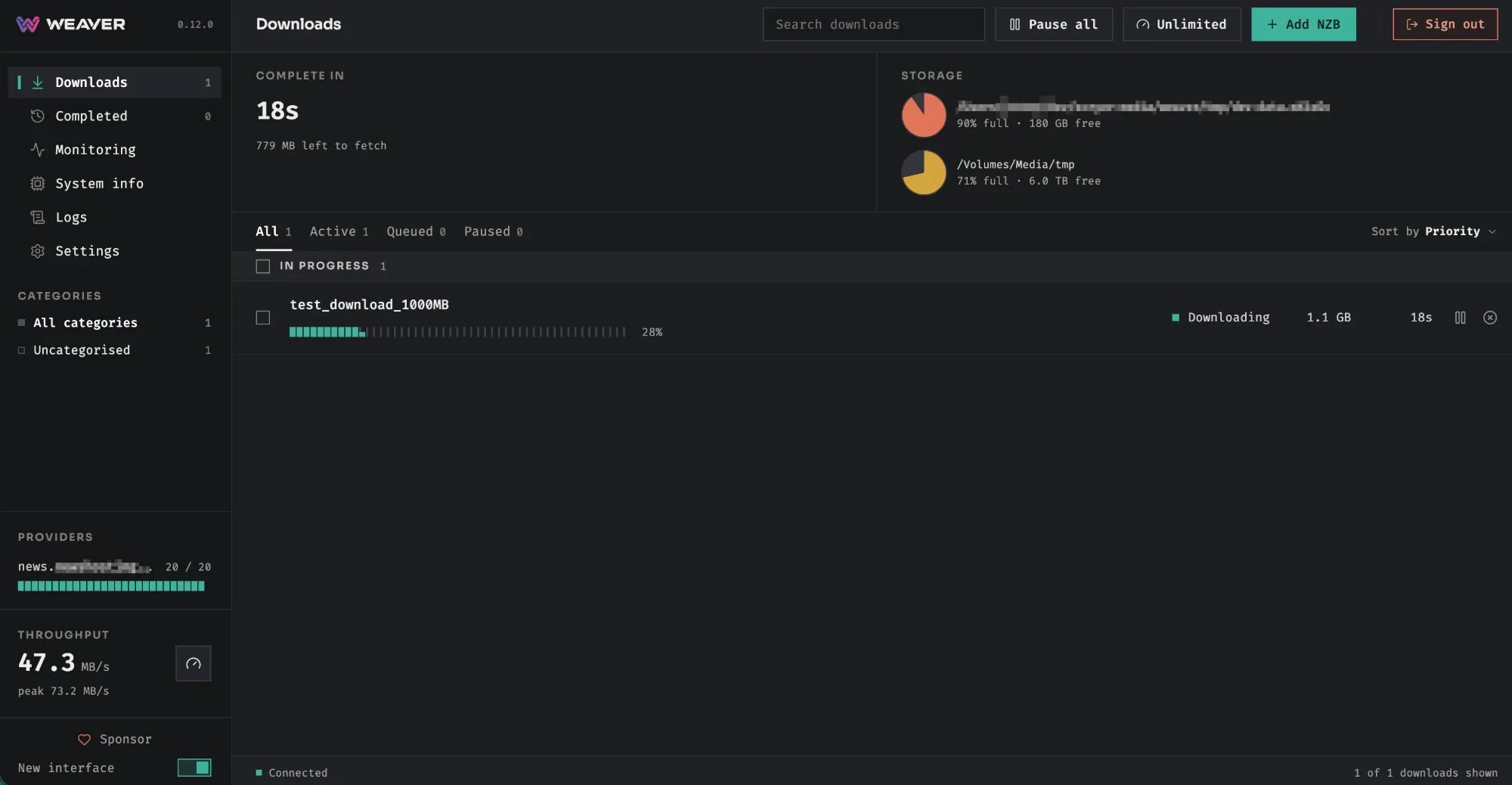 Weaver web interface showing an active download queue