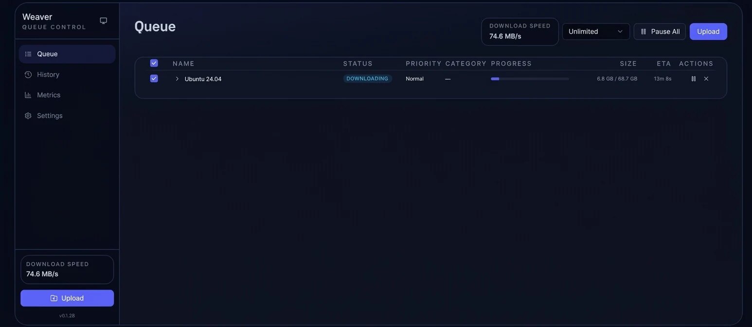Weaver web interface showing an active download queue