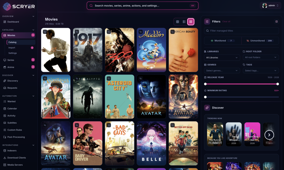 Scryer Movies catalog in poster grid view with library filters and discovery suggestions